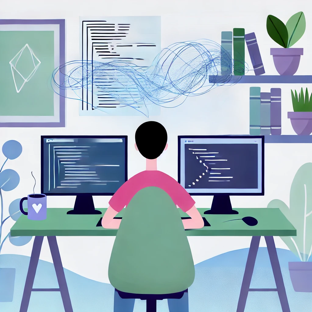 An illustration of a person sitting at a desk with multiple computer monitors, each displaying lines of code. The background shows a relaxed workspace (2)